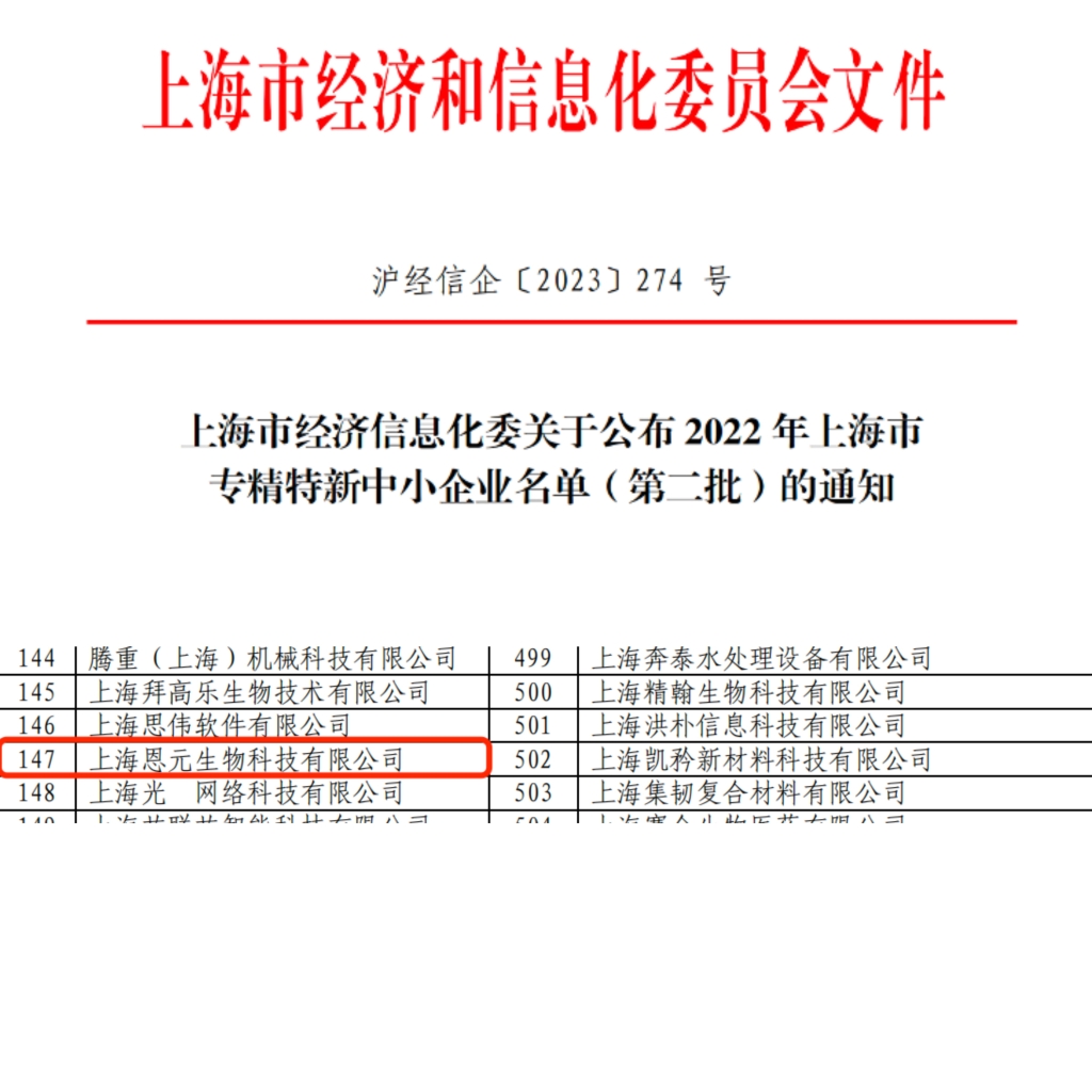 恩华药业子公司恩元生物荣获上海市专精特新中小企业认定